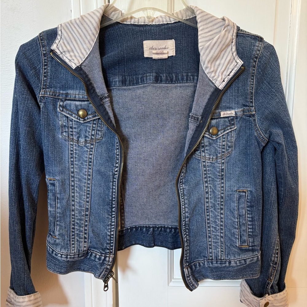 Abercrombie Kids Blue Jean Jacket with Striped Hood